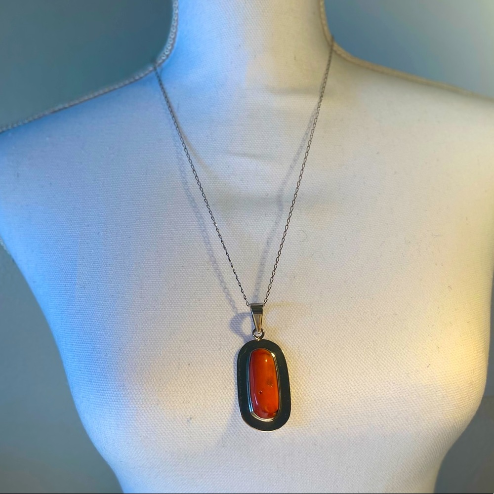 Red coral & sterling silver pendant necklace